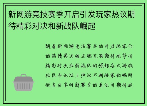 新网游竞技赛季开启引发玩家热议期待精彩对决和新战队崛起