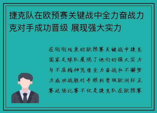 捷克队在欧预赛关键战中全力奋战力克对手成功晋级 展现强大实力