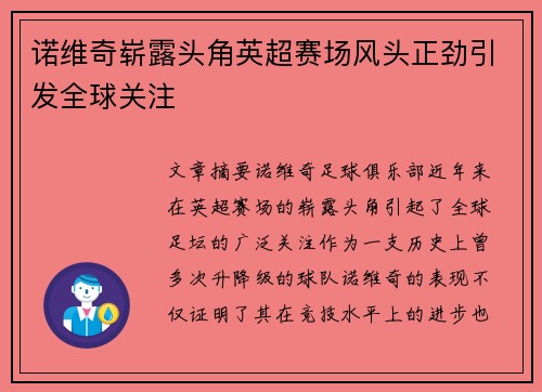 诺维奇崭露头角英超赛场风头正劲引发全球关注