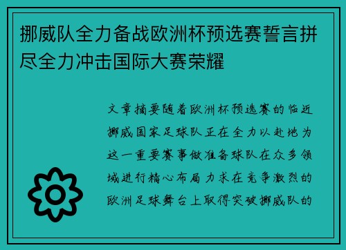 挪威队全力备战欧洲杯预选赛誓言拼尽全力冲击国际大赛荣耀