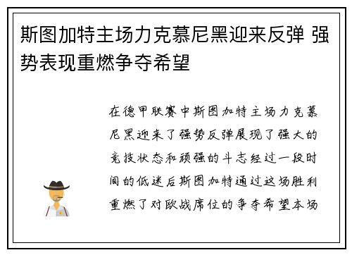 斯图加特主场力克慕尼黑迎来反弹 强势表现重燃争夺希望