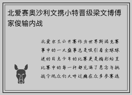 北爱赛奥沙利文携小特晋级梁文博傅家俊输内战