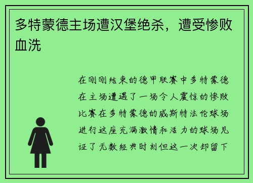 多特蒙德主场遭汉堡绝杀，遭受惨败血洗