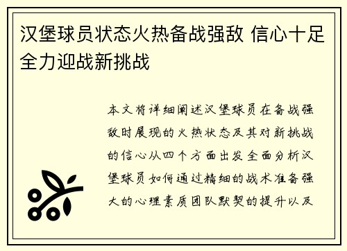 汉堡球员状态火热备战强敌 信心十足全力迎战新挑战