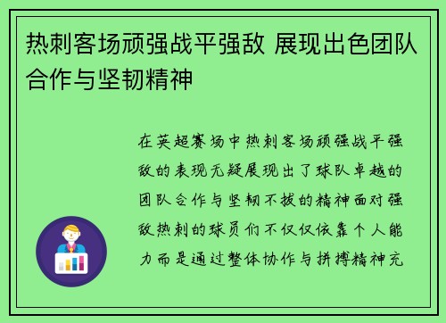 热刺客场顽强战平强敌 展现出色团队合作与坚韧精神