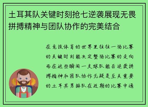 土耳其队关键时刻抢七逆袭展现无畏拼搏精神与团队协作的完美结合