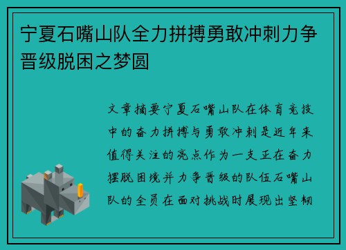 宁夏石嘴山队全力拼搏勇敢冲刺力争晋级脱困之梦圆