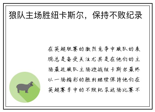 狼队主场胜纽卡斯尔，保持不败纪录