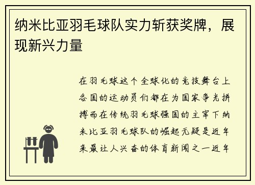 纳米比亚羽毛球队实力斩获奖牌，展现新兴力量