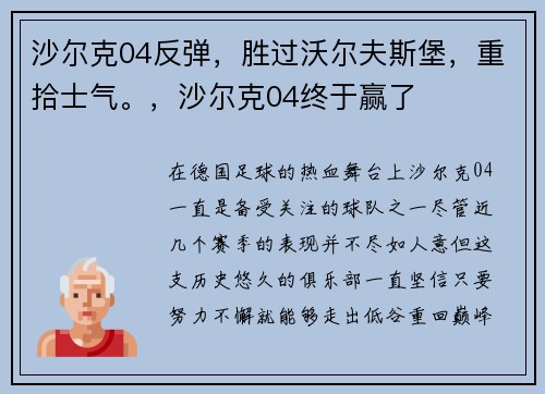 沙尔克04反弹，胜过沃尔夫斯堡，重拾士气。，沙尔克04终于赢了