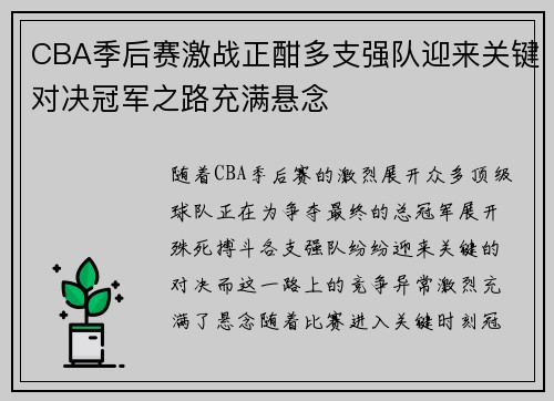 CBA季后赛激战正酣多支强队迎来关键对决冠军之路充满悬念