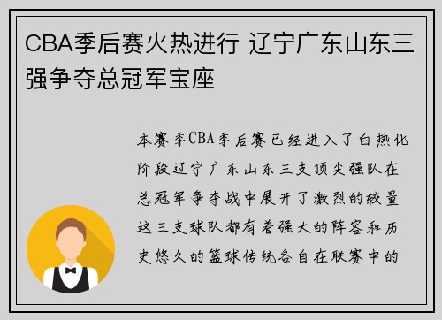 CBA季后赛火热进行 辽宁广东山东三强争夺总冠军宝座