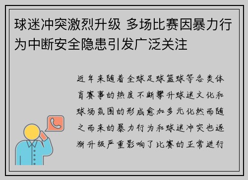 球迷冲突激烈升级 多场比赛因暴力行为中断安全隐患引发广泛关注