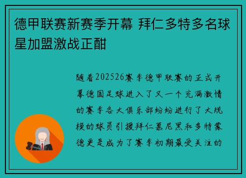 德甲联赛新赛季开幕 拜仁多特多名球星加盟激战正酣